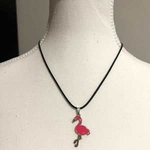 Pink Flamingo Silver Tone Pendant Black Strand Choker 20" Necklace